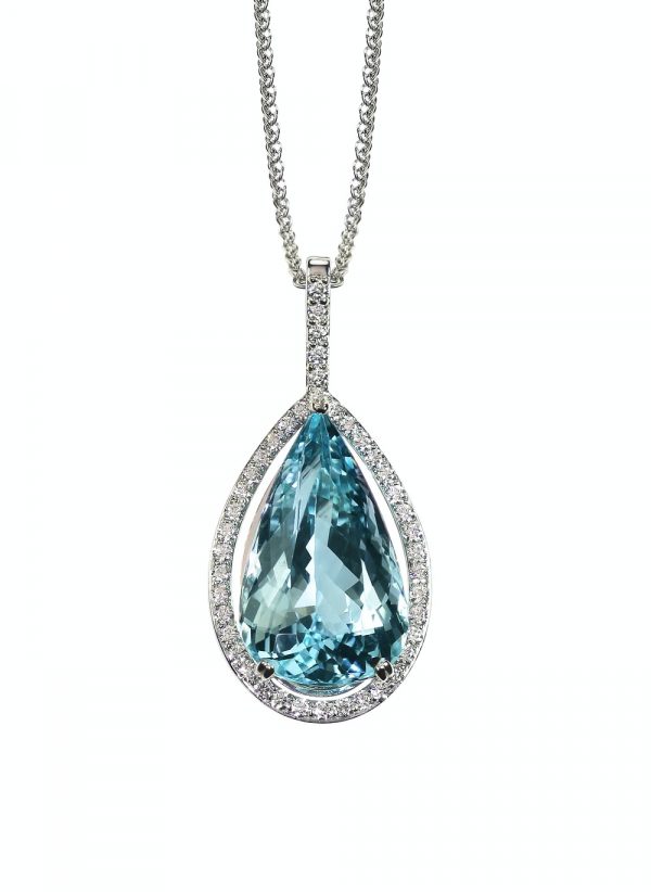 Blue Topaz Diamond drop pear shape gemstone halo necklace on a chain