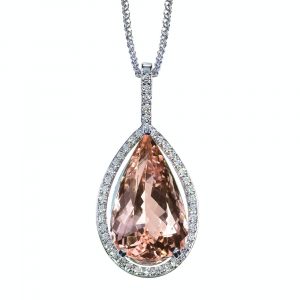 Peach Pink Morganite Diamond drop pear shape gemstone halo pendant necklace on a chain