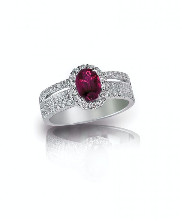 Ruby oval shape center stone red diamond ring